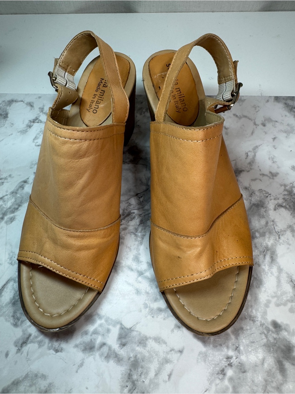 Sophia Milano Tan Leather Slingback 8.5 Heels Open Toe Ankle Strap Buckle Women